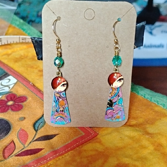 Hand Crafted Jewelry - Handcrafted Artistic Mod Girl Earrings with Gold and Multicolor Design